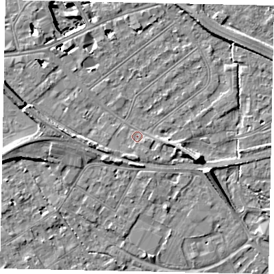 Shaded relief map of the ground around TW184NL, computed from Environment Agency LiDAR. The ground here sits at about 15 m above sea level and falls 11 m across the surrounding 800 m. Surface water reaching this point runs off ground lying to the east-south-east, 1.2 m higher.