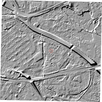 Shaded relief map of the ground around TW184NP, computed from Environment Agency LiDAR. The ground here sits at about 15 m above sea level and falls 8 m across the surrounding 800 m. Surface water reaching this point runs off ground lying to the south-south-west, 6.7 m higher.