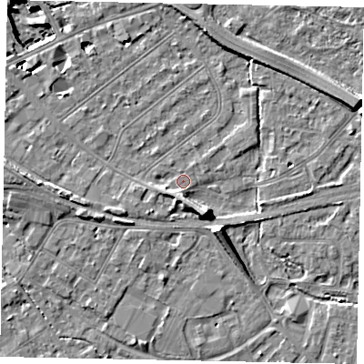 Shaded relief map of the ground around TW184NQ, computed from Environment Agency LiDAR. The ground here sits at about 15 m above sea level and falls 11 m across the surrounding 800 m. Surface water reaching this point runs off ground lying to the south-east, 6.5 m higher.