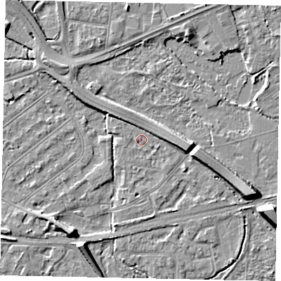 Shaded relief map of the ground around TW184NR, computed from Environment Agency LiDAR. The ground here sits at about 15 m above sea level and falls 8 m across the surrounding 800 m. Surface water reaching this point runs off ground lying to the south-south-west, 6.7 m higher.