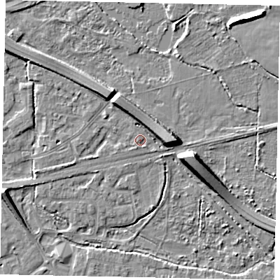 Shaded relief map of the ground around TW184NS, computed from Environment Agency LiDAR. The ground here sits at about 15 m above sea level and falls 8 m across the surrounding 800 m. Surface water reaching this point runs off ground lying to the south-east, 1.5 m higher.