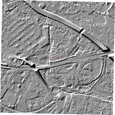 Shaded relief map of the ground around TW184NT, computed from Environment Agency LiDAR. The ground here sits at about 15 m above sea level and falls 8 m across the surrounding 800 m. Surface water reaching this point runs off ground lying to the south-east, 0.9 m higher.