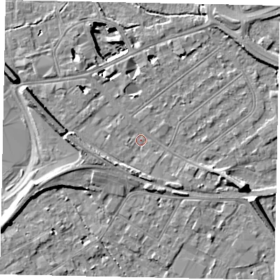 Shaded relief map of the ground around TW184NU, computed from Environment Agency LiDAR. The ground here sits at about 15 m above sea level and falls 11 m across the surrounding 800 m. Surface water reaching this point runs off ground lying to the west, 5.9 m higher.
