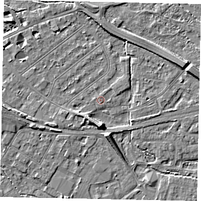 Shaded relief map of the ground around TW184NW, computed from Environment Agency LiDAR. The ground here sits at about 15 m above sea level and falls 11 m across the surrounding 800 m. Surface water reaching this point runs off ground lying to the south-south-east, 6.5 m higher.