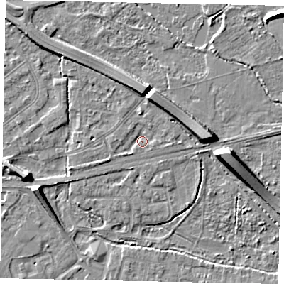 Shaded relief map of the ground around TW184NZ, computed from Environment Agency LiDAR. The ground here sits at about 15 m above sea level and falls 8 m across the surrounding 800 m. Surface water reaching this point runs off ground lying to the west-south-west, 1.8 m higher.