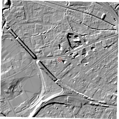 Shaded relief map of the ground around TW184PA, computed from Environment Agency LiDAR. The ground here sits at about 16 m above sea level and falls 11 m across the surrounding 800 m. Surface water reaching this point runs off ground lying to the west-south-west, 3.3 m higher.