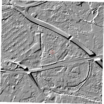 Shaded relief map of the ground around TW184PB, computed from Environment Agency LiDAR. The ground here sits at about 15 m above sea level and falls 8 m across the surrounding 800 m. Surface water reaching this point runs off ground lying to the south-west, 6.7 m higher.