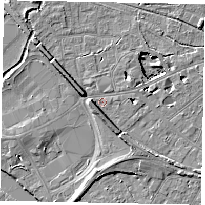 Shaded relief map of the ground around TW184PD, computed from Environment Agency LiDAR. The ground here sits at about 15 m above sea level and falls 11 m across the surrounding 800 m. Surface water reaching this point runs off ground lying to the west-south-west, 5.3 m higher.