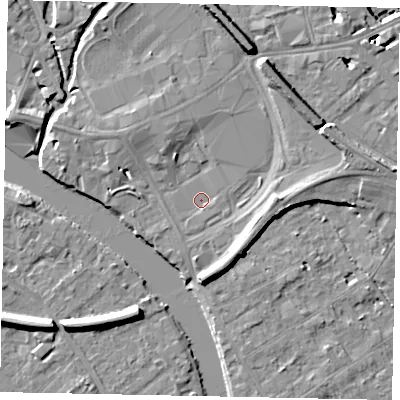 Shaded relief map of the ground around TW184PG, computed from Environment Agency LiDAR. The ground here sits at about 15 m above sea level and falls 11 m across the surrounding 800 m. Surface water reaching this point runs off ground lying to the north-north-east, 5.7 m higher.