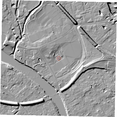 Shaded relief map of the ground around TW184PH, computed from Environment Agency LiDAR. The ground here sits at about 15 m above sea level and falls 11 m across the surrounding 800 m. Surface water reaching this point runs off ground lying to the north-north-east, 6.0 m higher.