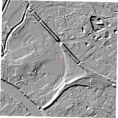 Shaded relief map of the ground around TW184PJ, computed from Environment Agency LiDAR. The ground here sits at about 15 m above sea level and falls 11 m across the surrounding 800 m. Surface water reaching this point runs off ground lying to the west, 0.8 m higher.