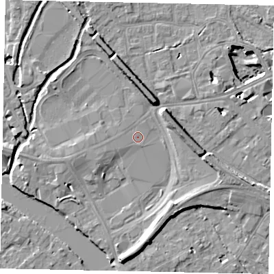 Shaded relief map of the ground around TW184PQ, computed from Environment Agency LiDAR. The ground here sits at about 16 m above sea level and falls 11 m across the surrounding 800 m. Surface water reaching this point runs off ground lying to the west, 0.9 m higher.
