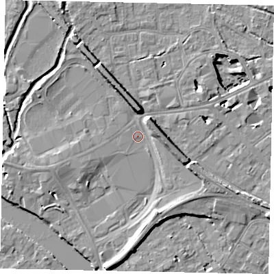 Shaded relief map of the ground around TW184PT, computed from Environment Agency LiDAR. The ground here sits at about 15 m above sea level and falls 11 m across the surrounding 800 m. Surface water reaching this point runs off ground lying to the north, 5.5 m higher.