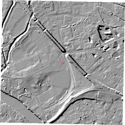 Shaded relief map of the ground around TW184PW, computed from Environment Agency LiDAR. The ground here sits at about 15 m above sea level and falls 11 m across the surrounding 800 m. Surface water reaching this point runs off ground lying to the north, 5.5 m higher.