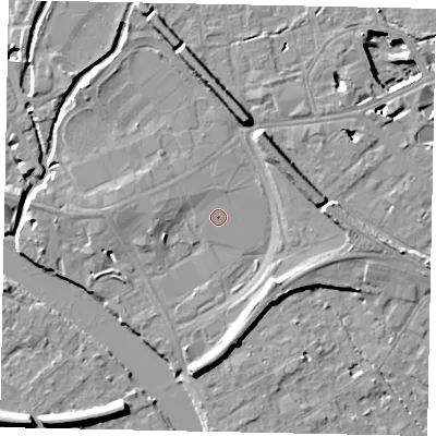 Shaded relief map of the ground around TW184QB, computed from Environment Agency LiDAR. The ground here sits at about 15 m above sea level and falls 11 m across the surrounding 800 m. The ground contributing surface water to this point lies to the north-north-east.