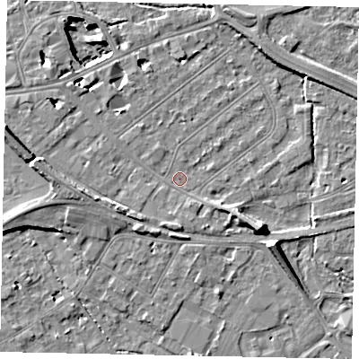 Shaded relief map of the ground around TW184QD, computed from Environment Agency LiDAR. The ground here sits at about 15 m above sea level and falls 11 m across the surrounding 800 m. Surface water reaching this point runs off ground lying to the south-east, 7.1 m higher.