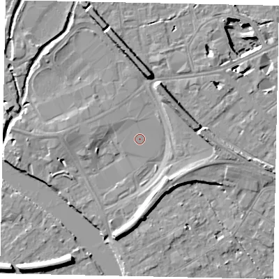 Shaded relief map of the ground around TW184QF, computed from Environment Agency LiDAR. The ground here sits at about 15 m above sea level and falls 11 m across the surrounding 800 m. The ground contributing surface water to this point lies to the north-north-west.