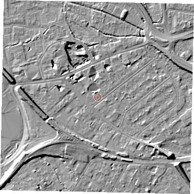 Shaded relief map of the ground around TW184QJ, computed from Environment Agency LiDAR. The ground here sits at about 15 m above sea level and falls 11 m across the surrounding 800 m. Surface water reaching this point runs off ground lying to the west-north-west, 1.2 m higher.