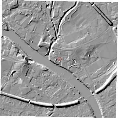 Shaded relief map of the ground around TW184QL, computed from Environment Agency LiDAR. The ground here sits at about 16 m above sea level and falls 8 m across the surrounding 800 m. Surface water reaching this point runs off ground lying to the north-north-west, 1.5 m higher.