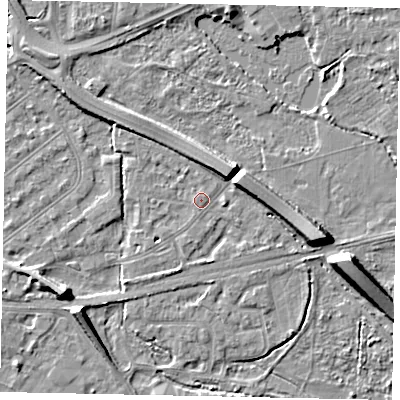 Shaded relief map of the ground around TW184QN, computed from Environment Agency LiDAR. The ground here sits at about 15 m above sea level and falls 8 m across the surrounding 800 m. Surface water reaching this point runs off ground lying to the south-south-west, 1.4 m higher.