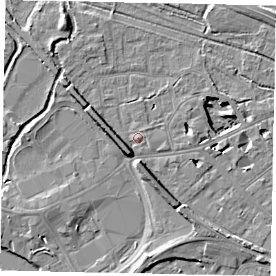 Shaded relief map of the ground around TW184QP, computed from Environment Agency LiDAR. The ground here sits at about 16 m above sea level and falls 11 m across the surrounding 800 m. Surface water reaching this point runs off ground lying to the south-south-west, 5.4 m higher.
