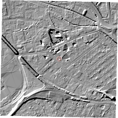 Shaded relief map of the ground around TW184QX, computed from Environment Agency LiDAR. The ground here sits at about 15 m above sea level and falls 11 m across the surrounding 800 m. Surface water reaching this point runs off ground lying to the north, 3.2 m higher.