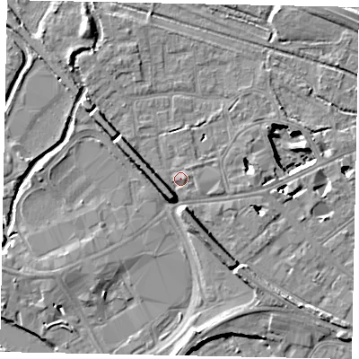 Shaded relief map of the ground around TW184QZ, computed from Environment Agency LiDAR. The ground here sits at about 16 m above sea level and falls 11 m across the surrounding 800 m. Surface water reaching this point runs off ground lying to the south-south-west, 5.4 m higher.