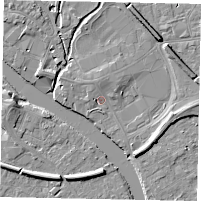Shaded relief map of the ground around TW184RB, computed from Environment Agency LiDAR. The ground here sits at about 16 m above sea level and falls 8 m across the surrounding 800 m. Surface water reaching this point runs off ground lying to the north-west, 3.6 m higher.
