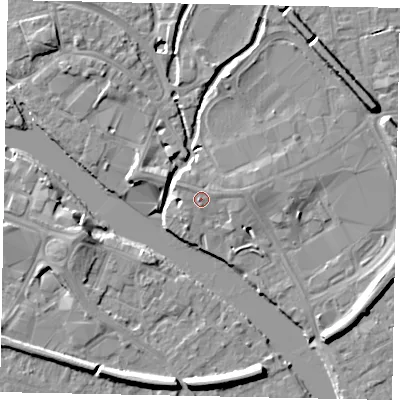 Shaded relief map of the ground around TW184RH, computed from Environment Agency LiDAR. The ground here sits at about 17 m above sea level and falls 8 m across the surrounding 800 m. Surface water reaching this point runs off ground lying to the north-west, 0.8 m higher.