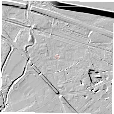 Shaded relief map of the ground around TW184RJ, computed from Environment Agency LiDAR. The ground here sits at about 15 m above sea level and falls 22 m across the surrounding 800 m. Surface water reaching this point runs off ground lying to the south, 7.5 m higher.