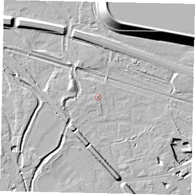 Shaded relief map of the ground around TW184RN, computed from Environment Agency LiDAR. The ground here sits at about 16 m above sea level and falls 22 m across the surrounding 800 m. Surface water reaching this point runs off ground lying to the south-west, 1.1 m higher.