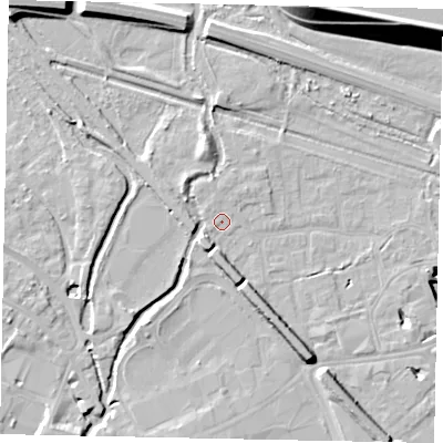 Shaded relief map of the ground around TW184RP, computed from Environment Agency LiDAR. The ground here sits at about 16 m above sea level and falls 20 m across the surrounding 800 m. Surface water reaching this point runs off ground lying to the north-west, 0.7 m higher.
