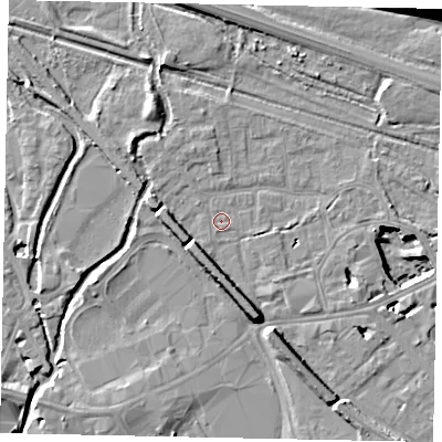 Shaded relief map of the ground around TW184RR, computed from Environment Agency LiDAR. The ground here sits at about 15 m above sea level and falls 15 m across the surrounding 800 m. Surface water reaching this point runs off ground lying to the south-south-east, 0.6 m higher.