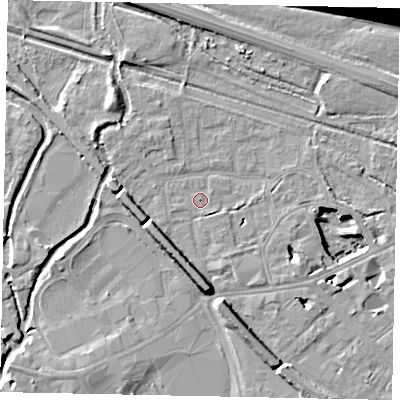 Shaded relief map of the ground around TW184RS, computed from Environment Agency LiDAR. The ground here sits at about 15 m above sea level and falls 20 m across the surrounding 800 m. Surface water reaching this point runs off ground lying to the south, 5.6 m higher.