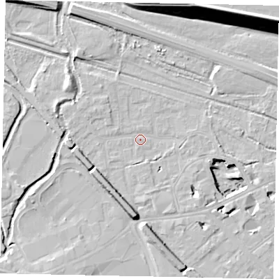 Shaded relief map of the ground around TW184RT, computed from Environment Agency LiDAR. The ground here sits at about 15 m above sea level and falls 22 m across the surrounding 800 m. Surface water reaching this point runs off ground lying to the south, 7.5 m higher.