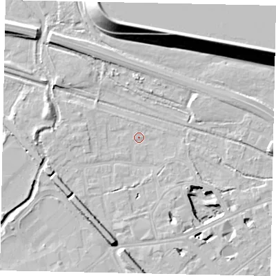 Shaded relief map of the ground around TW184RU, computed from Environment Agency LiDAR. The ground here sits at about 15 m above sea level and falls 22 m across the surrounding 800 m. Surface water reaching this point runs off ground lying to the south-south-west, 7.5 m higher.