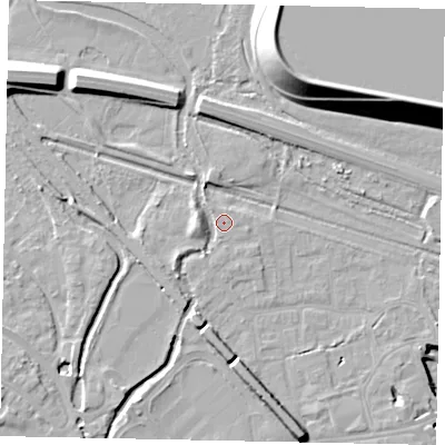 Shaded relief map of the ground around TW184RW, computed from Environment Agency LiDAR. The ground here sits at about 16 m above sea level and falls 20 m across the surrounding 800 m. Surface water reaching this point runs off ground lying to the west, 3.3 m higher.