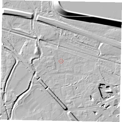 Shaded relief map of the ground around TW184RX, computed from Environment Agency LiDAR. The ground here sits at about 15 m above sea level and falls 22 m across the surrounding 800 m. Surface water reaching this point runs off ground lying to the west, 1.7 m higher.