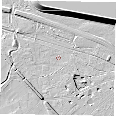 Shaded relief map of the ground around TW184RY, computed from Environment Agency LiDAR. The ground here sits at about 15 m above sea level and falls 22 m across the surrounding 800 m. Surface water reaching this point runs off ground lying to the south-south-west, 7.5 m higher.