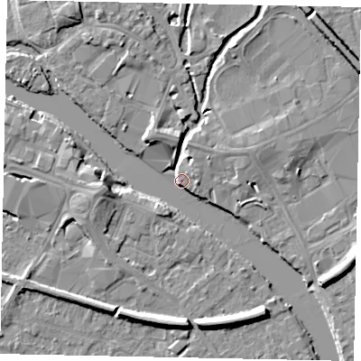 Shaded relief map of the ground around TW184RZ, computed from Environment Agency LiDAR. The ground here sits at about 16 m above sea level and falls 8 m across the surrounding 800 m. Surface water reaching this point runs off ground lying to the south-south-east, 7.2 m higher.
