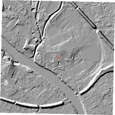 Shaded relief map of the ground around TW184SD, computed from Environment Agency LiDAR. The ground here sits at about 17 m above sea level and falls 8 m across the surrounding 800 m. Surface water reaching this point runs off ground lying to the north-north-east, 1.3 m higher.