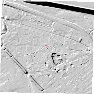 Shaded relief map of the ground around TW184SH, computed from Environment Agency LiDAR. The ground here sits at about 15 m above sea level and falls 22 m across the surrounding 800 m. Surface water reaching this point runs off ground lying to the south-south-east, 1.3 m higher.