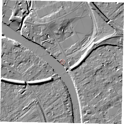 Shaded relief map of the ground around TW184SJ, computed from Environment Agency LiDAR. The ground here sits at about 15 m above sea level and falls 8 m across the surrounding 800 m. Surface water reaching this point runs off ground lying to the south-west, 7.0 m higher.