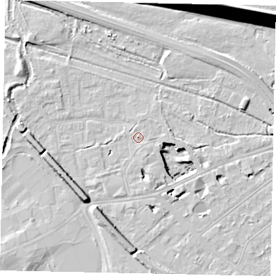 Shaded relief map of the ground around TW184SN, computed from Environment Agency LiDAR. The ground here sits at about 15 m above sea level and falls 22 m across the surrounding 800 m. Surface water reaching this point runs off ground lying to the east-south-east, 1.3 m higher.