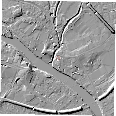 Shaded relief map of the ground around TW184SP, computed from Environment Agency LiDAR. The ground here sits at about 17 m above sea level and falls 8 m across the surrounding 800 m. Surface water reaching this point runs off ground lying to the north-north-east, 0.6 m higher.