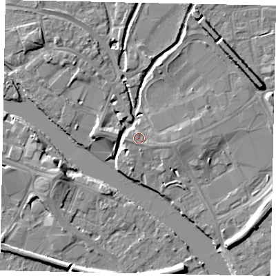 Shaded relief map of the ground around TW184SU, computed from Environment Agency LiDAR. The ground here sits at about 17 m above sea level and falls 8 m across the surrounding 800 m. Surface water reaching this point runs off ground lying to the west-south-west, 1.3 m higher.