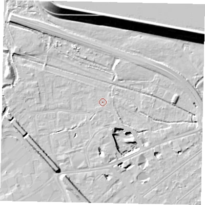 Shaded relief map of the ground around TW184SW, computed from Environment Agency LiDAR. The ground here sits at about 15 m above sea level and falls 22 m across the surrounding 800 m. Surface water reaching this point runs off ground lying to the south-east, 6.9 m higher.