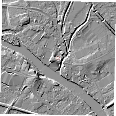 Shaded relief map of the ground around TW184SY, computed from Environment Agency LiDAR. The ground here sits at about 16 m above sea level and falls 8 m across the surrounding 800 m. Surface water reaching this point runs off ground lying to the west-south-west, 3.5 m higher.