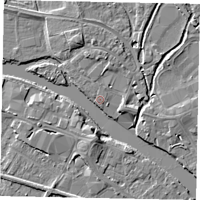 Shaded relief map of the ground around TW184TB, computed from Environment Agency LiDAR. The ground here sits at about 16 m above sea level and falls 6 m across the surrounding 800 m. Surface water reaching this point runs off ground lying to the north, 2.6 m higher.