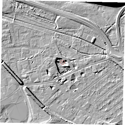 Shaded relief map of the ground around TW184TD, computed from Environment Agency LiDAR. The ground here sits at about 11 m above sea level and falls 19 m across the surrounding 800 m. Surface water reaching this point runs off ground lying to the south-west, 6.8 m higher.